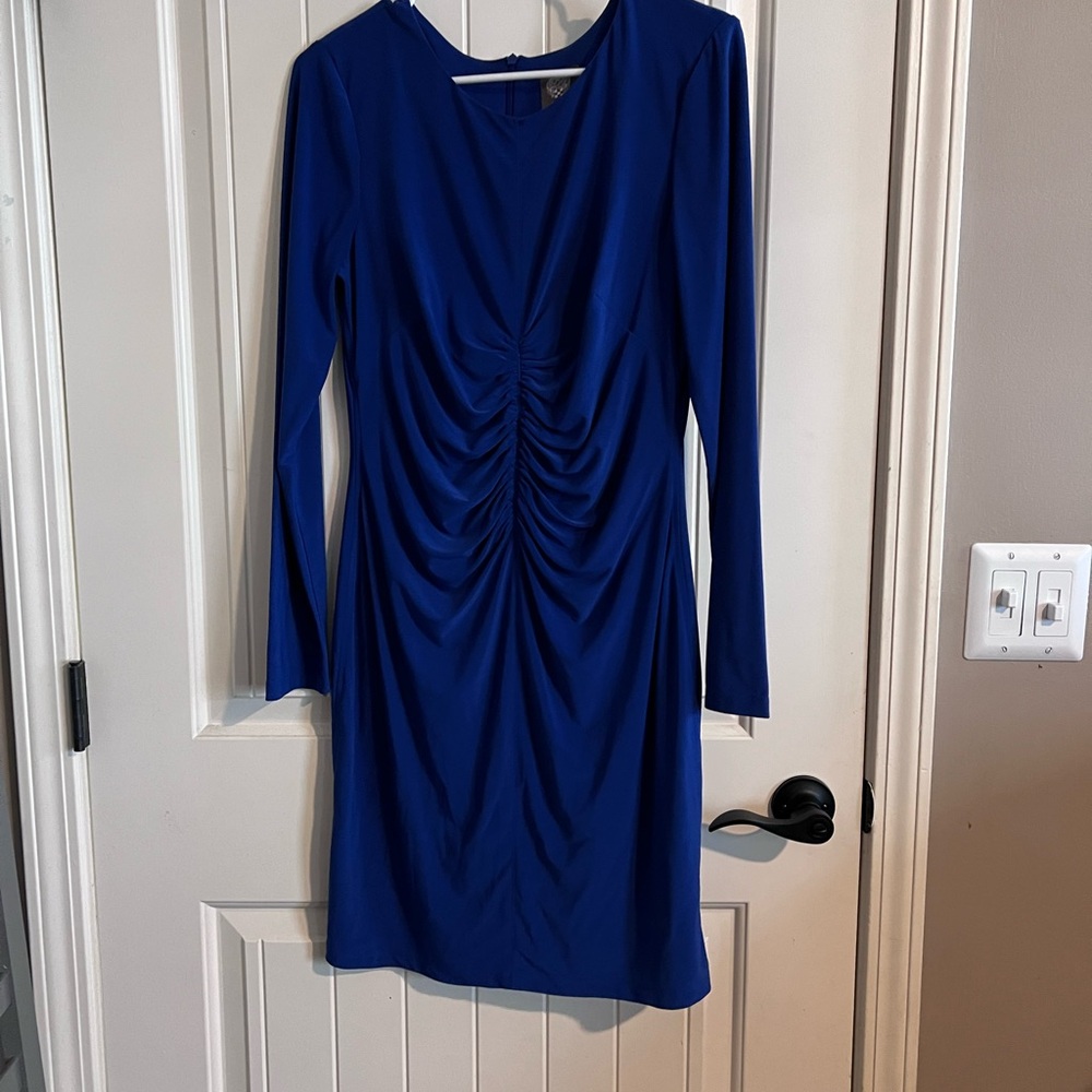 Vince Camuto Blue Ruched Long Sleeve Sheath Dress